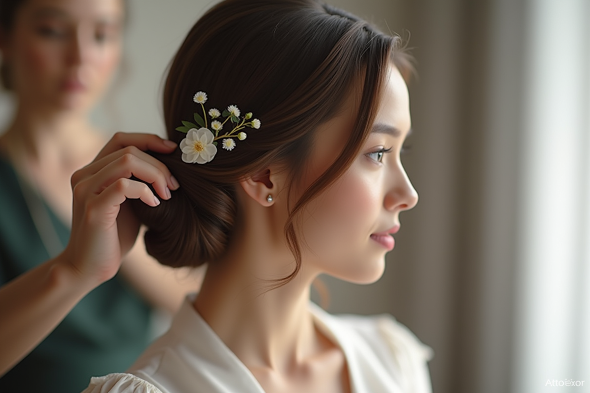 Coiffeur plaçant une fleur dans une coiffure de mariée minimaliste