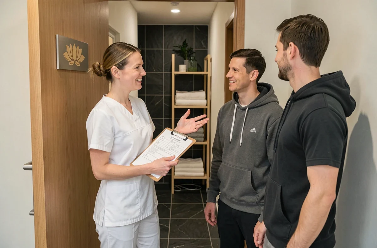 Thérapeute professionnelle accueillant un couple à l'entrée d'un studio de massage bien établi