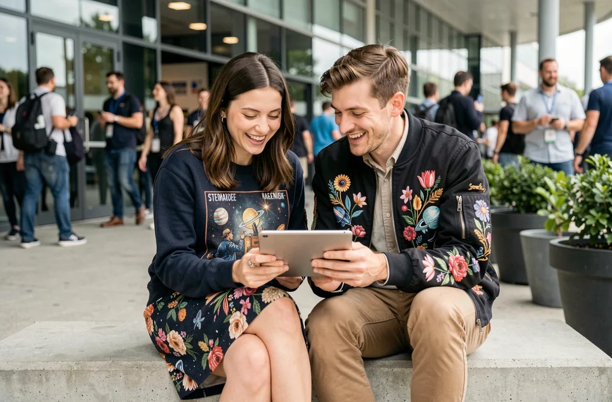 Deux amis geeks et stylés riant ensemble devant une tablette lors d'une convention technologique en extérieur
