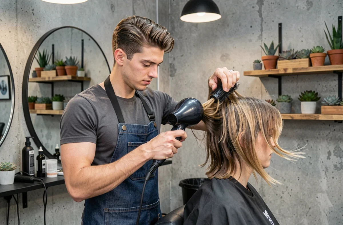 Coiffeur Anthony Style à La Rochelle réalisant un brushing volumisant dans un salon au style industriel chic