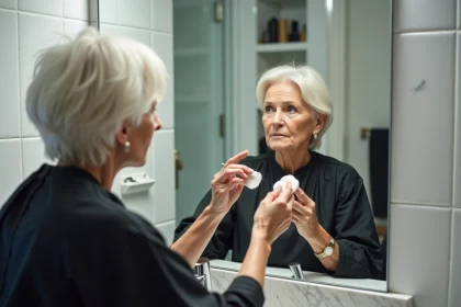 Femme aux cheveux blancs appliquant de la bétadine sur ses cheveux avec un coton dans une salle de bain moderne