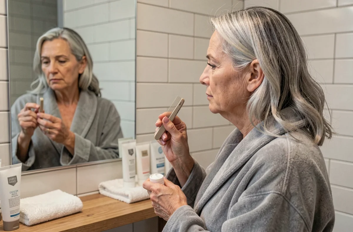 Femme appliquant elle-même une coloration racine douce sur cheveux blancs devant le miroir de sa salle de bain