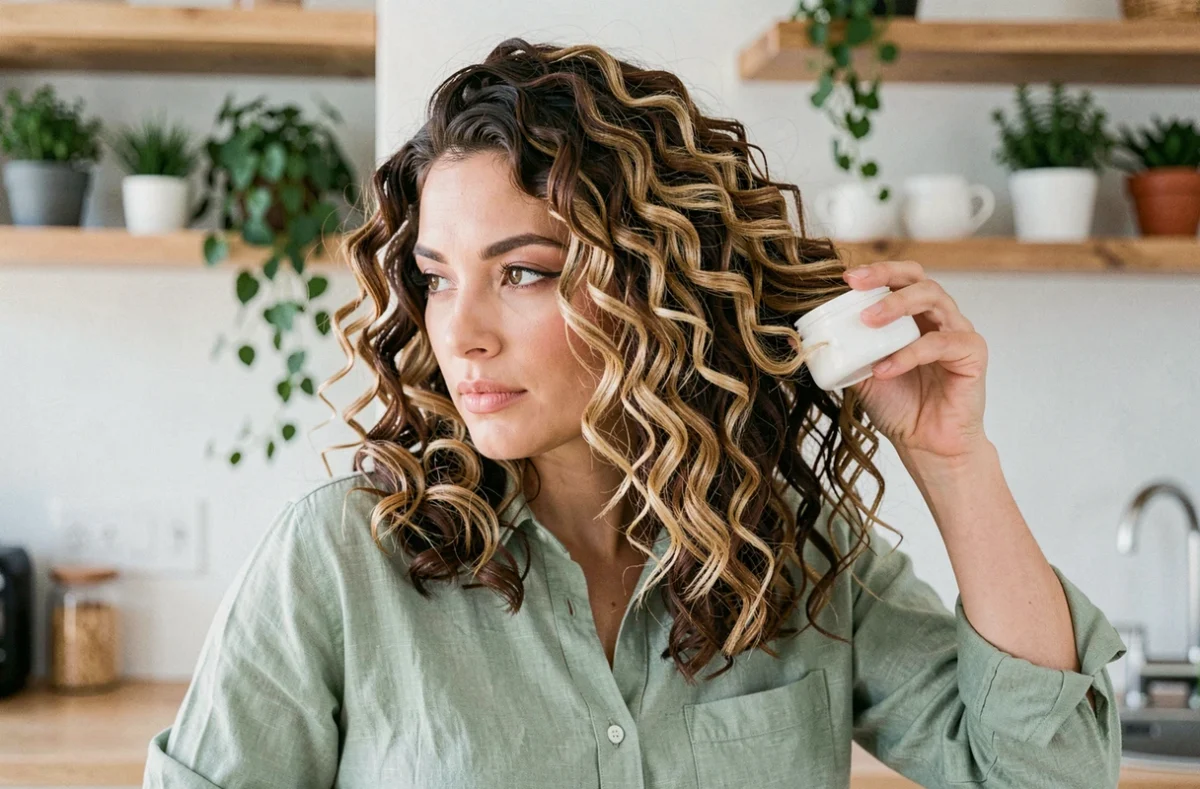 Femme aux boucles châtain foncé rehaussées de mèches blondes miel appliquant une crème définissante dans une cuisine moderne lumineuse