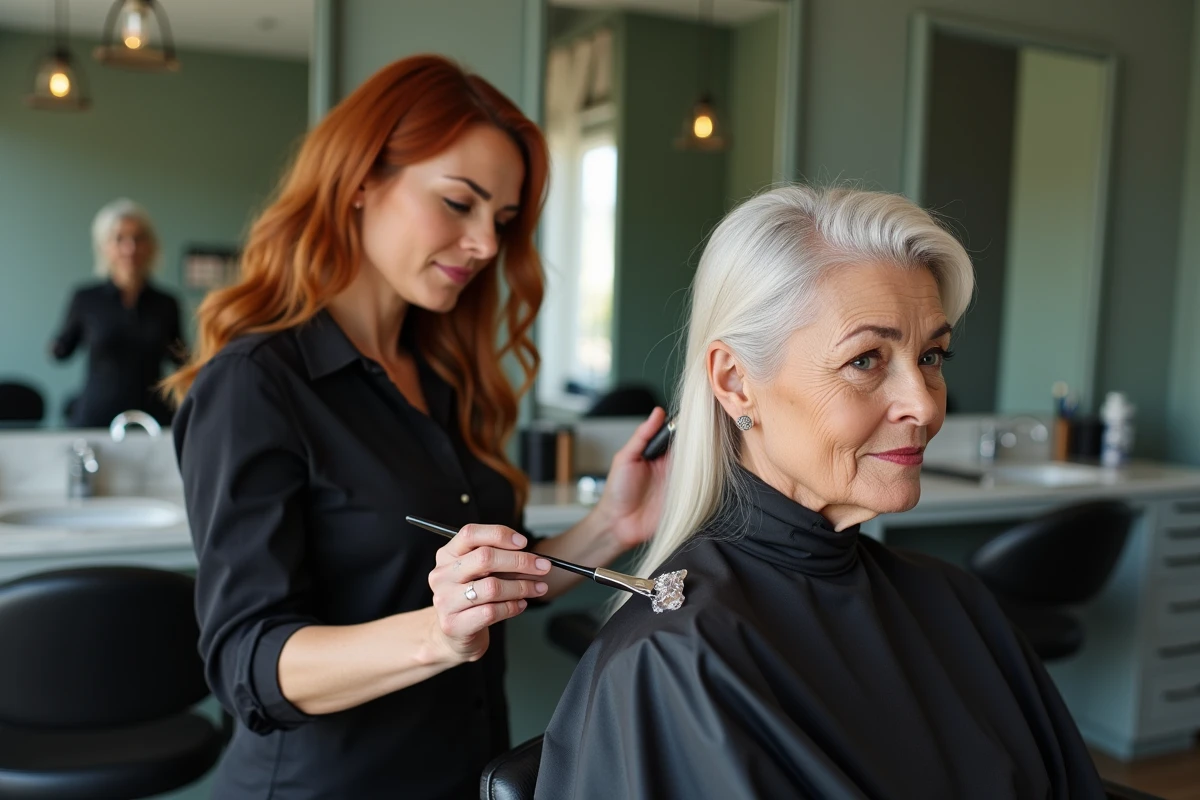 Coloriste appliquant des mèches nacrées sur cheveux blancs et gris d'une cliente à la peau claire dans un salon moderne