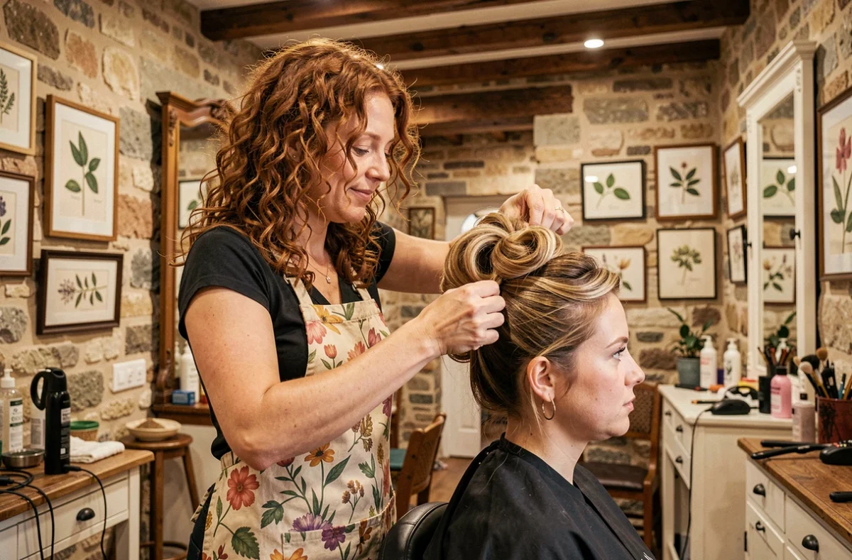 Coiffeuse créant un chignon texturé dans le salon L'art de pl'Hair à Bourgneuf-en-Retz, décor en pierre et bois