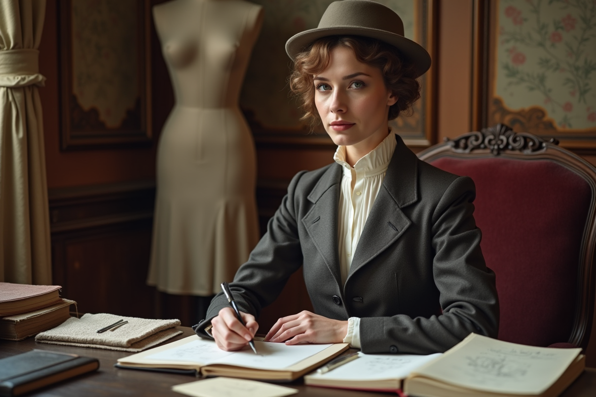 Femme élégante en tenue 1920 dans un atelier parisien