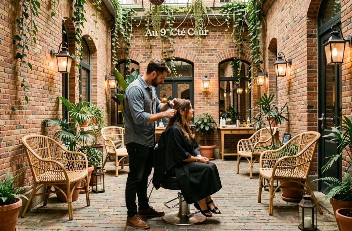 Coiffeur masculin travaillant dans l'ambiance jardin et cour intérieure du salon Au 9 Côté Cour à Nantes