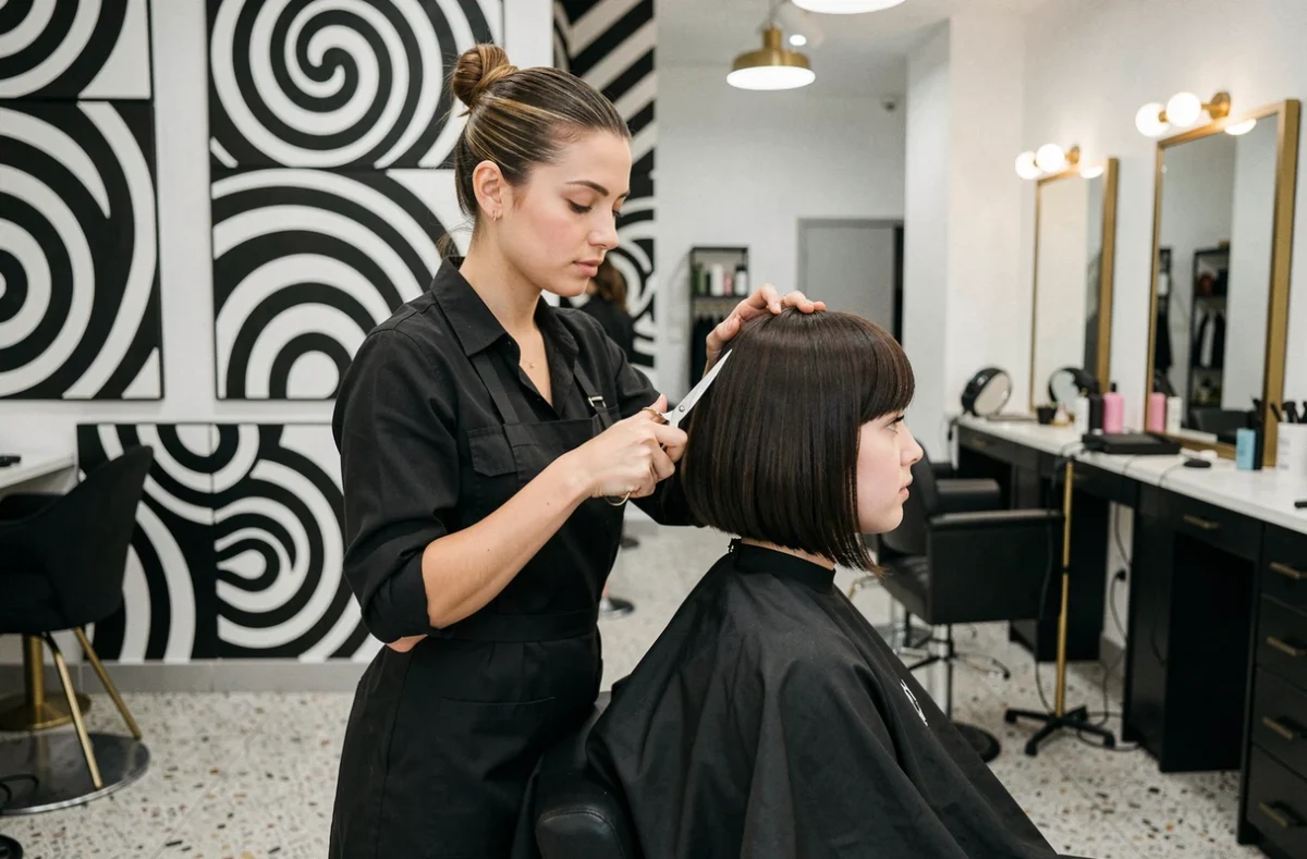 Styliste réalisant un carré précis sur une cliente dans le salon Avenue 73 à Nantes, décor graphique noir et or