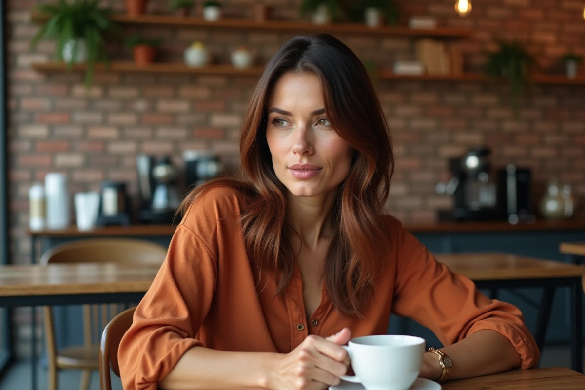 Femme à la carnation mate avec un balayage roux acajou assise dans un café urbain, tenant une tasse en céramique, portant un haut en lin terracotta