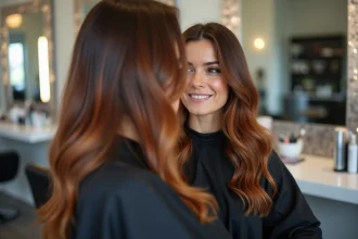 Femme aux cheveux châtains avec un balayage roux cuivré réalisé en salon de coiffure, regardant son reflet dans le miroir avec satisfaction