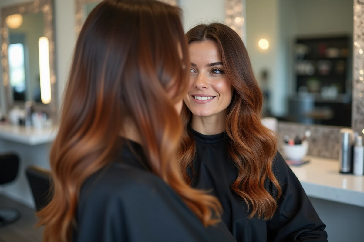 Femme aux cheveux châtains avec un balayage roux cuivré réalisé en salon de coiffure, regardant son reflet dans le miroir avec satisfaction