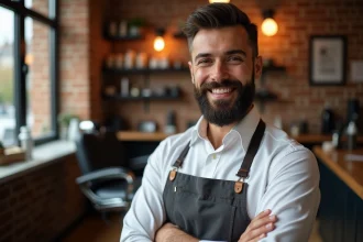 Barbier homme souriant dans un salon moderne de France