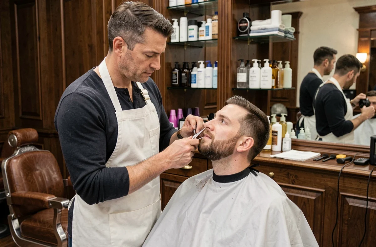 Barbier professionnel en tablier blanc taillant soigneusement un bouc avec des ciseaux dans un salon de coiffure classique