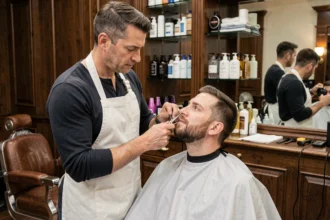Barbier professionnel en tablier blanc taillant soigneusement un bouc avec des ciseaux dans un salon de coiffure classique