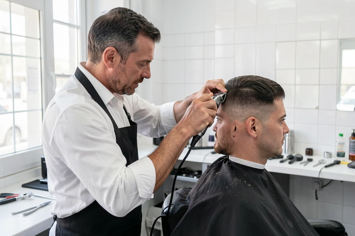 Barbier professionnel réalisant une coupe fade tapered précise sur un client dans un salon de coiffure minimaliste et moderne