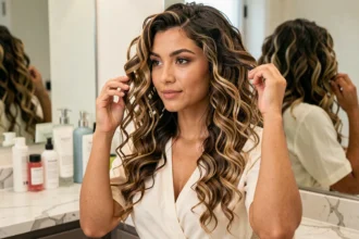 Jeune femme aux cheveux bouclés châtain foncé avec des mèches blondes bien définies, appliquant un soin coiffant devant un miroir de salle de bain en marbre