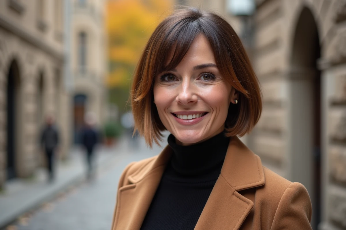 Femme avec un bob court et couleur contour visage sculptante dans un cadre urbain en automne