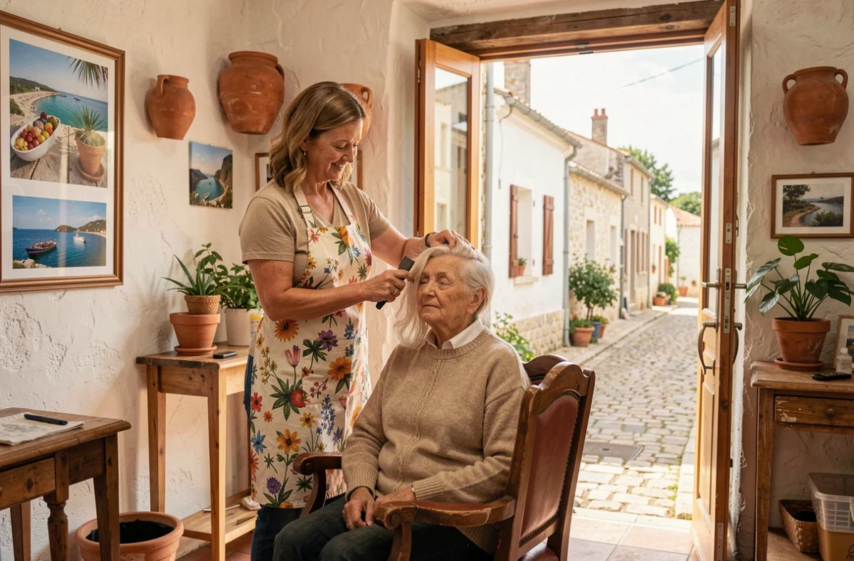 Brigitte coiffeuse à La Flotte sur l'Île de Ré coupant les cheveux d'une cliente âgée dans son salon provençal