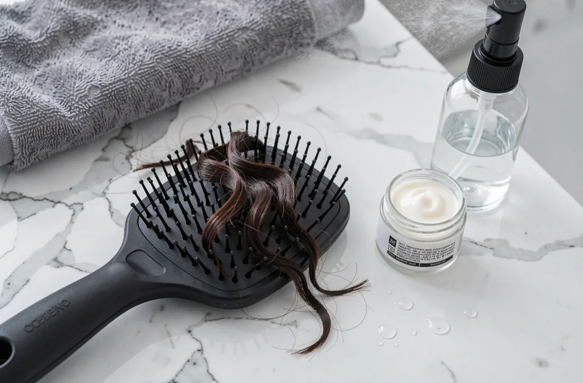 Brosse anti-casse pour cheveux ondulés posée sur un comptoir en marbre avec des produits coiffants