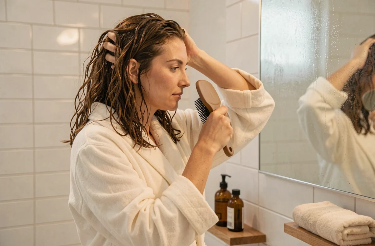 Femme aux cheveux ondulés qui se brosse les cheveux avec une brosse anti-casse devant un miroir de salle de bain