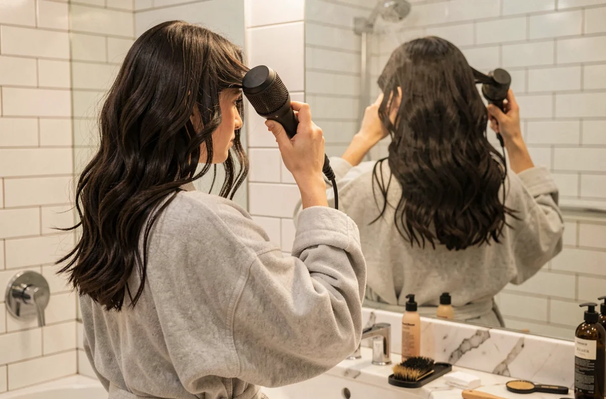 Femme aux cheveux épais utilisant une brosse soufflante devant un miroir de salle de bain