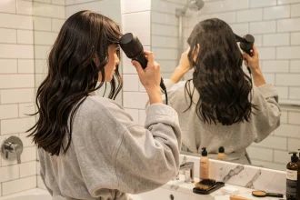Femme aux cheveux épais utilisant une brosse soufflante devant un miroir de salle de bain
