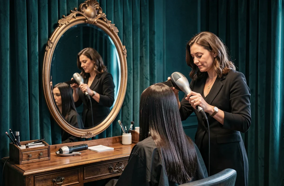 Coiffeuse soignant la mise en forme des cheveux d'une cliente dans le Cabinet de Claudia à Nantes, ambiance intimiste et raffinée