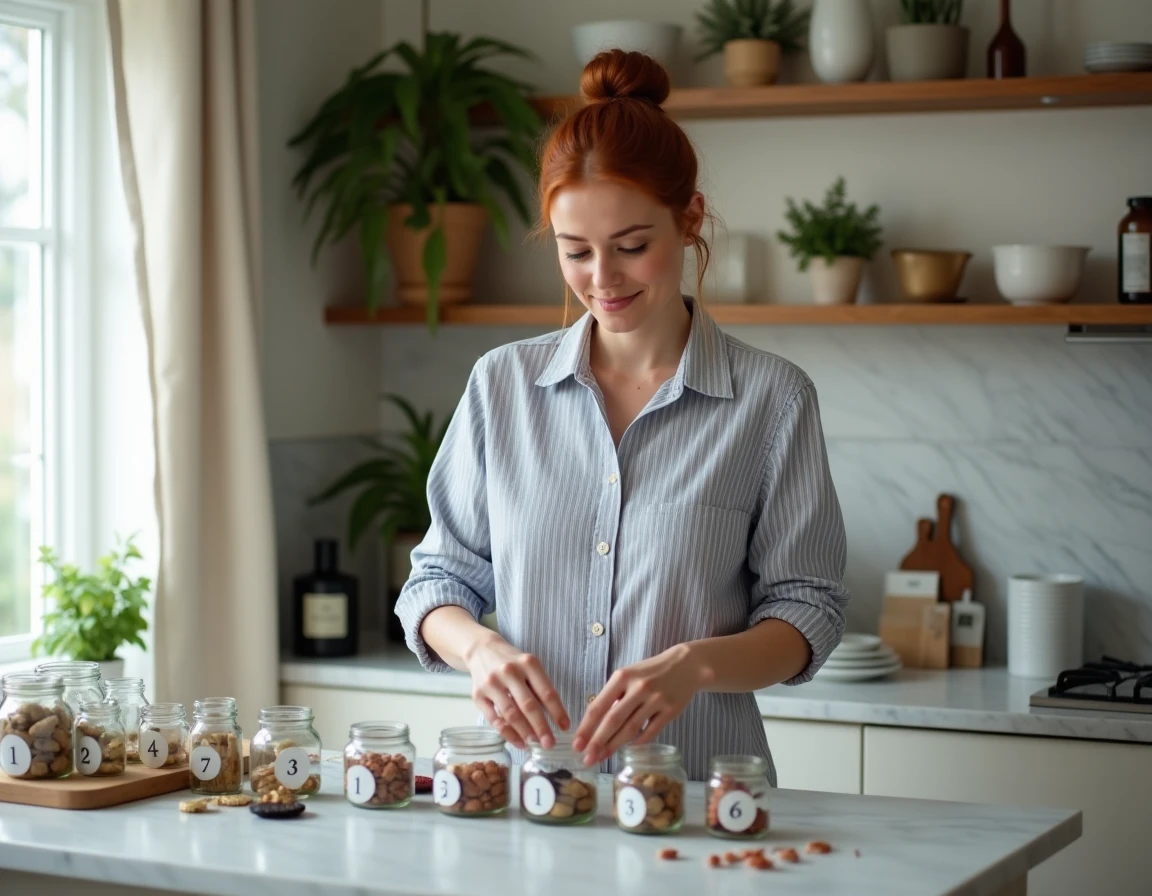 Femme préparant un calendrier de l'avent DIY avec des bocaux en verre numérotés remplis de petites surprises dans une cuisine moderne