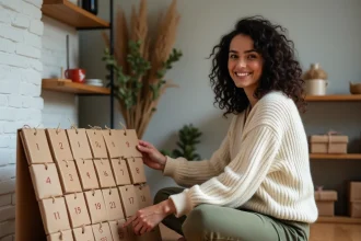 Femme arrangeant un calendrier de l'avent original avec des petits cadeaux emballés dans du papier kraft sur un plancher en bois