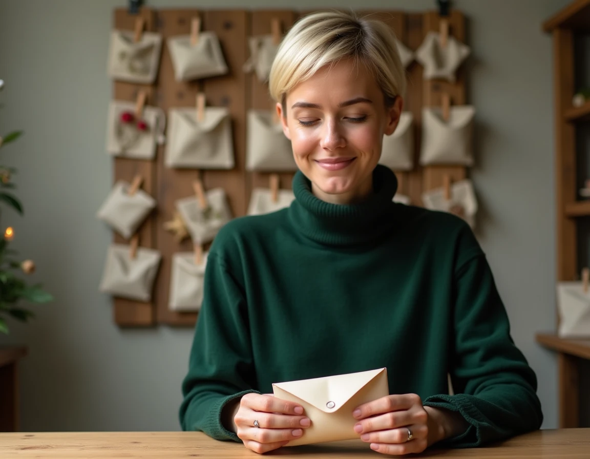 Femme ouvrant une enveloppe numérotée d'un calendrier de l'avent en tissu fait main accroché au mur, expression de surprise et de joie