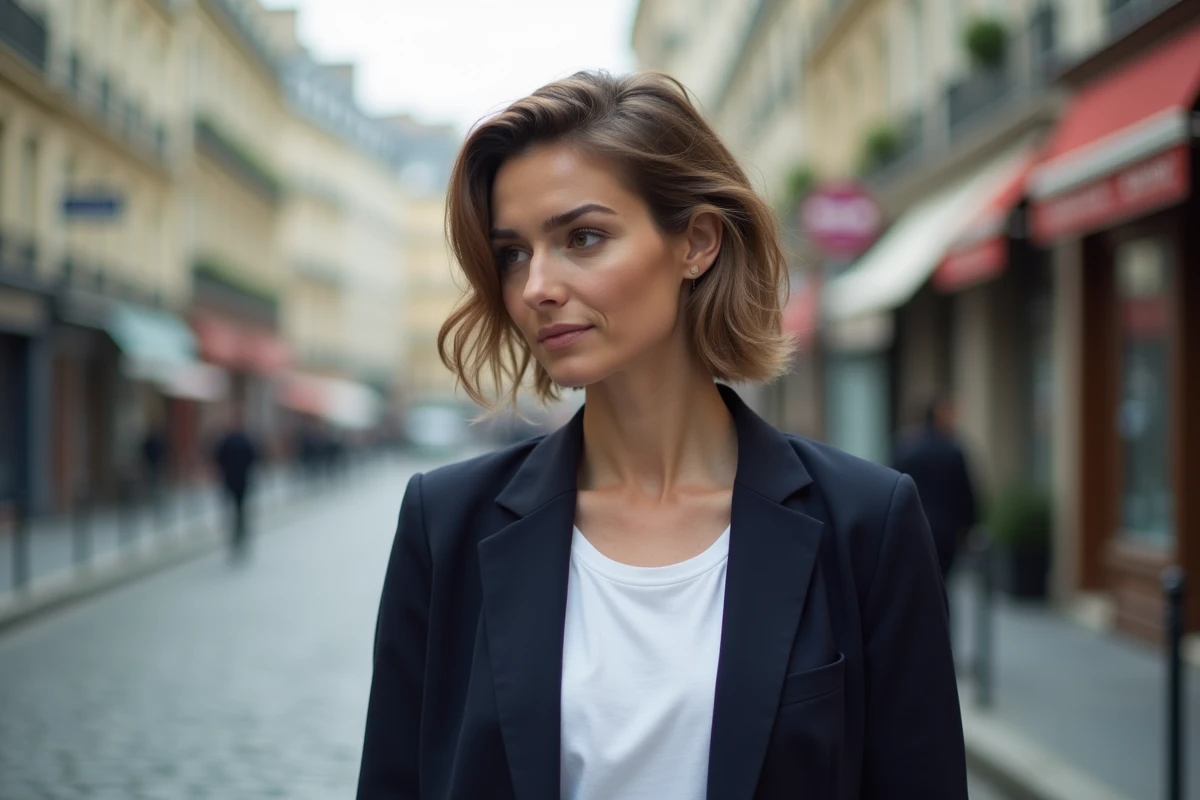 Femme avec carré boule court ondulé et effet coiffé-décoiffé en extérieur dans une rue parisienne