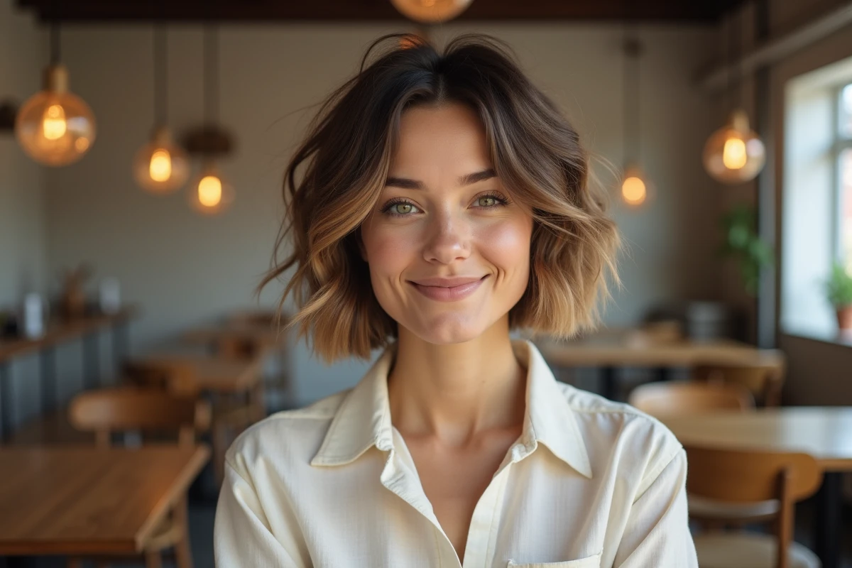Femme aux cheveux carré boule court wavy avec effet coiffé-décoiffé naturel dans un café urbain