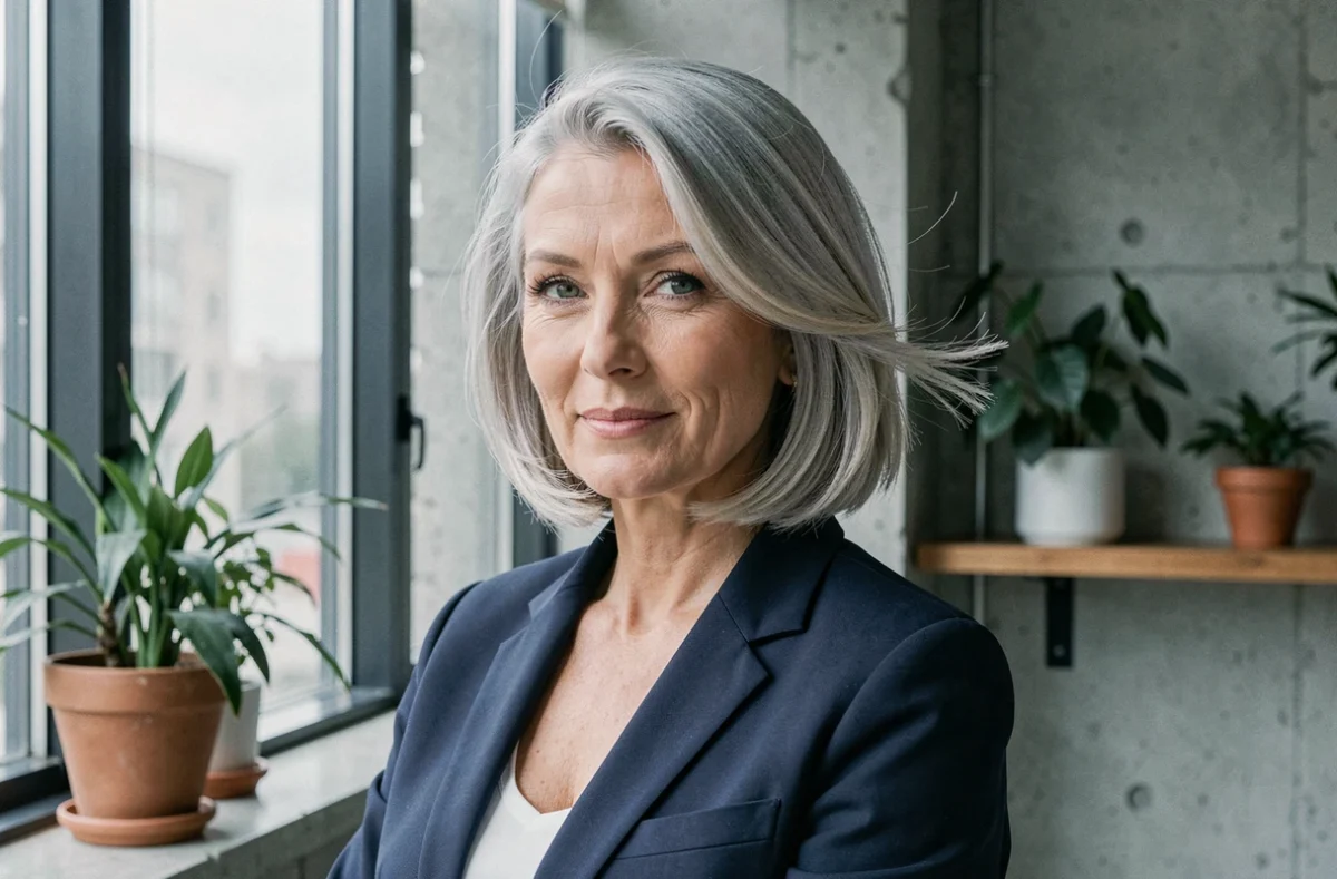 Femme mature avec un carré court et cheveux fins blonds argentés dans un appartement moderne