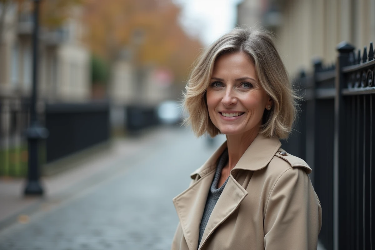 Femme d'âge mûr avec un carré court fin et coloration cendré-blond en extérieur urbain automnal