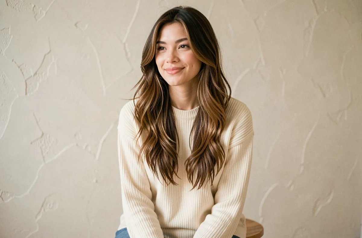 Femme aux cheveux longs dégradé effilé châtain avec des couches définies et des pointes effilées, coiffure naturelle et fluide