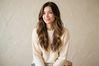 Femme aux cheveux longs dégradé effilé châtain avec des couches définies et des pointes effilées, coiffure naturelle et fluide