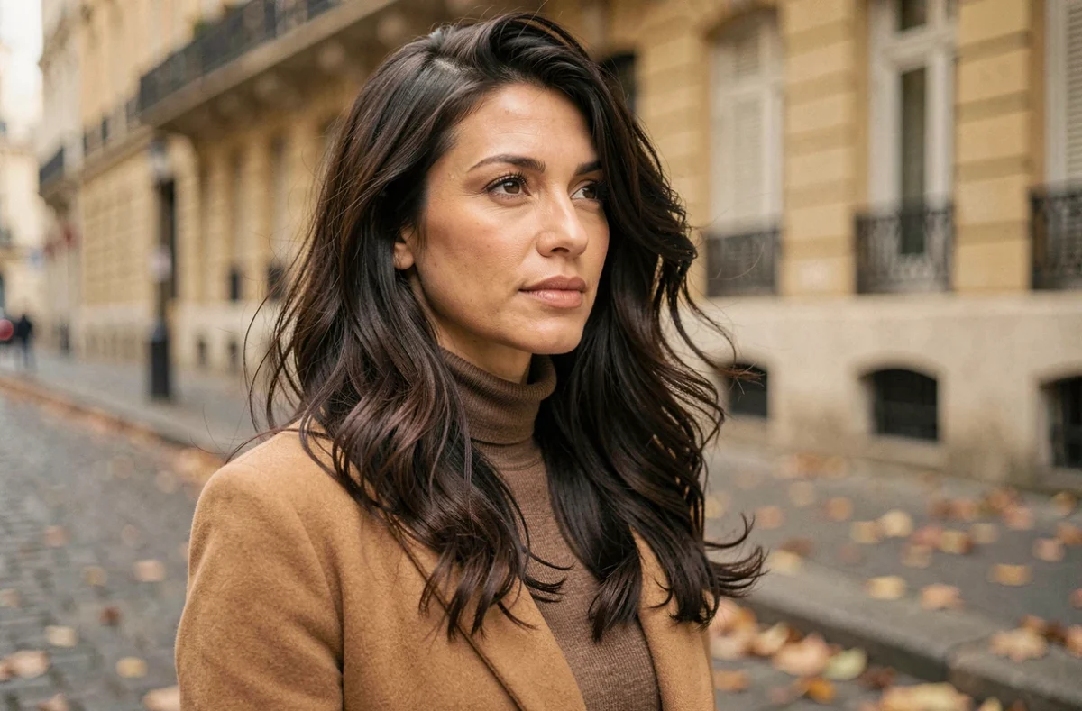 Femme aux cheveux longs ondulés dégradé effilé portant un manteau camel en extérieur à Paris, coupe en couches naturelles et pointes effilées