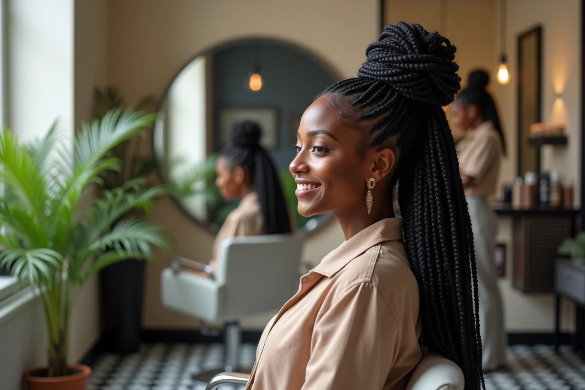 Cliente souriante admirant ses tresses box braids dans un miroir de salon afro en banlieue parisienne