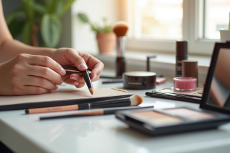 Main d'un maquilleur avec pinceaux et produits maquillage