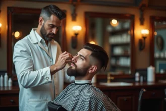 Coiffeur professionnel réalisant une coupe mulet moderne sur un client dans un salon de coiffure traditionnel