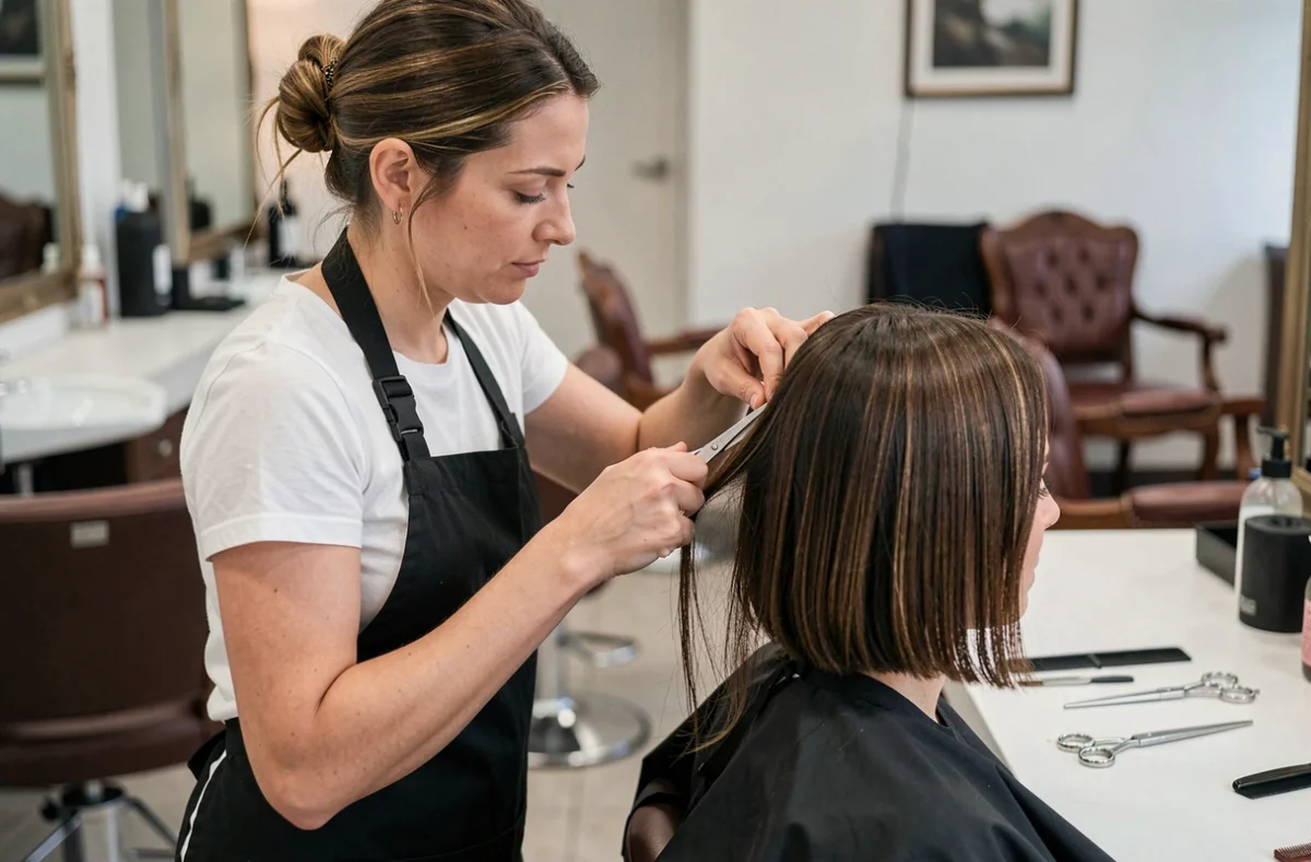Coiffeuse coupant les cheveux fins d'une cliente dans un salon de coiffure moderne