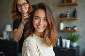 Femme souriante en salon avec mise en lumière de ses cheveux