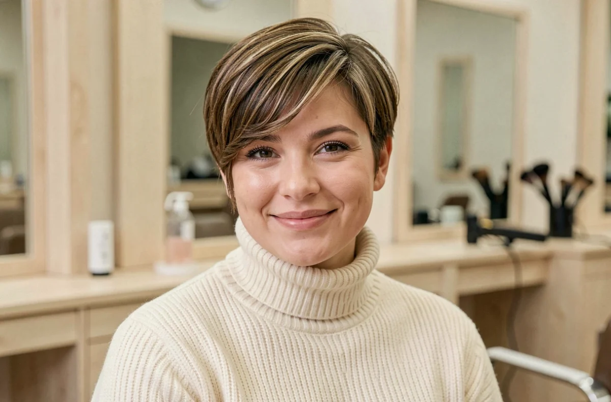 Femme aux cheveux courts en pixie cut adapté à un visage rond, assise dans un salon de coiffure moderne