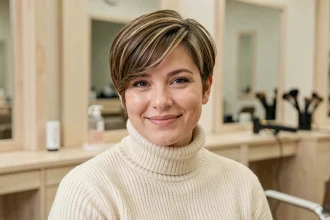Femme aux cheveux courts en pixie cut adapté à un visage rond, assise dans un salon de coiffure moderne
