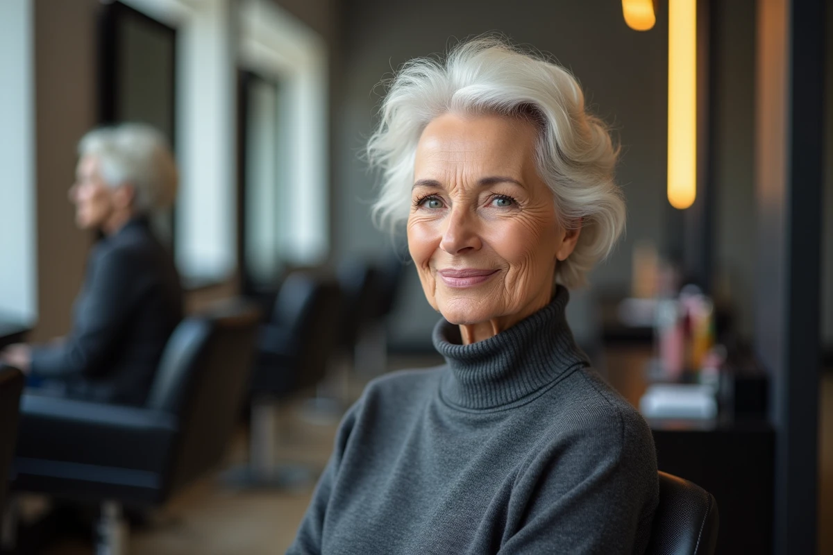 Femme de 70 ans avec un chignon volumisé en cheveux blancs fins dans un salon de coiffure moderne