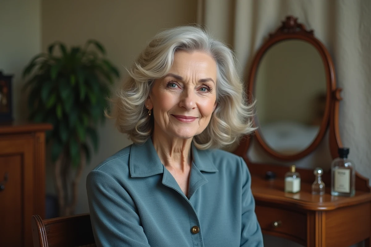 Femme élégante de 70 ans avec une coupe mi-longue en cheveux fins ondulés devant une coiffeuse vintage