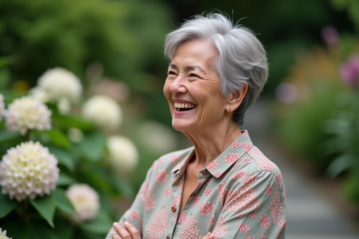 Femme de 70 ans avec une coupe pixie volumineuse en cheveux gris fins dans un jardin fleuri