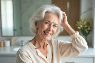 Femme de 70 ans avec une coiffure courte et volumineuse en cheveux fins blancs dans une salle de bain moderne