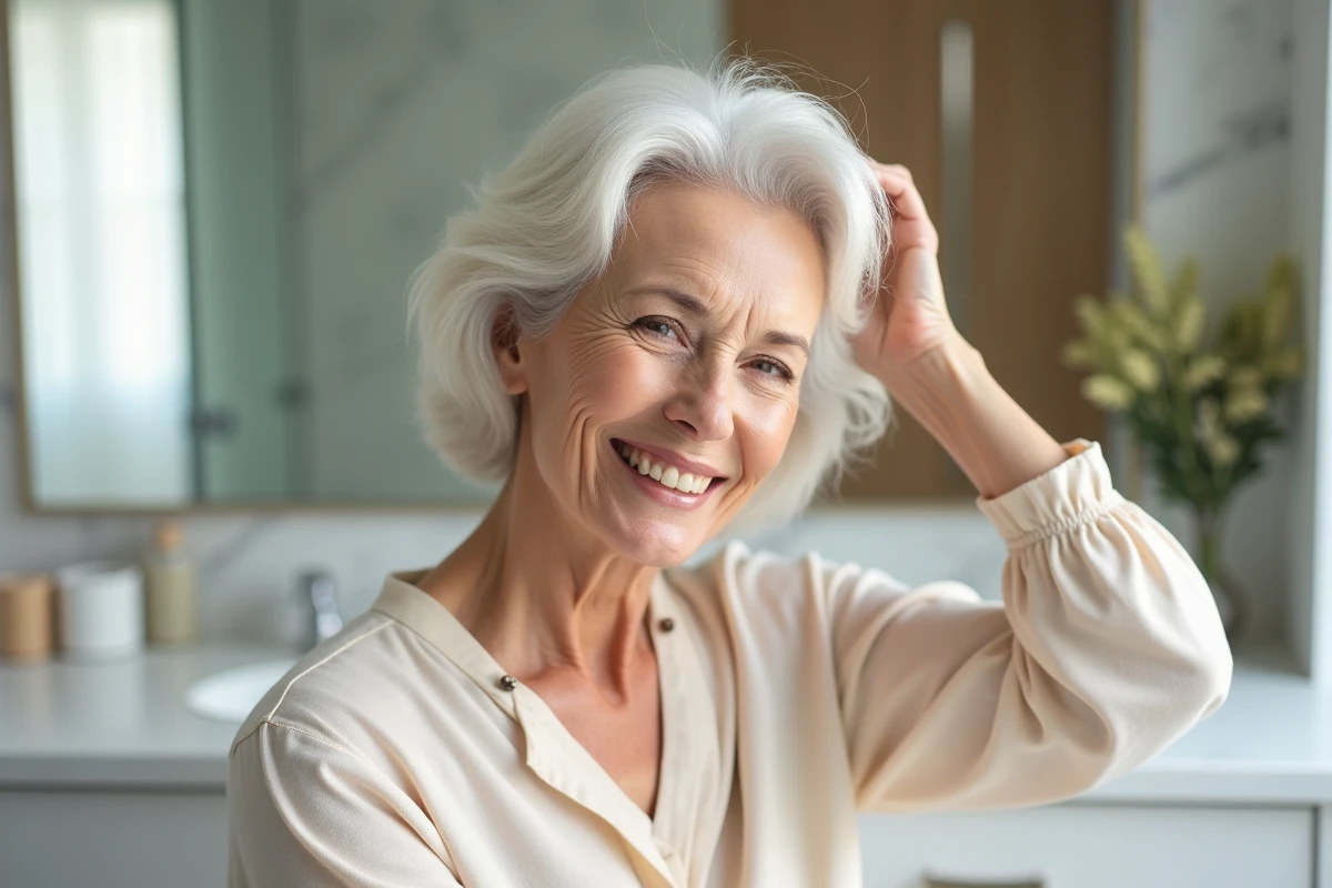 Femme de 70 ans avec une coiffure courte et volumineuse en cheveux fins blancs dans une salle de bain moderne
