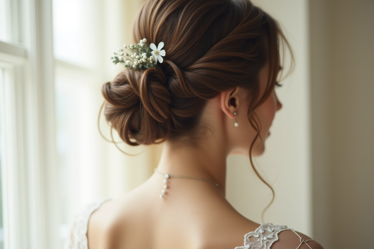 Coiffure de mariée élégante et simple en lumière naturelle
